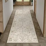 HUGEAR Beige Runner Rug 60x240cm Vintage Area Rug Hallway Indoor Kitchen Washable Living Room Carpet Tribal Distressed Rug Retro Accent Throw Rug for Office Dining Room Bathroom Faux Wool