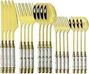 Cutlery Set 20Pcs/Set Black Gold Cutlery Set Stainless Steel Dinnerware Silverware Flatware Set Dinner Colorful Knife Fork Spoon Tableware(White Gold)