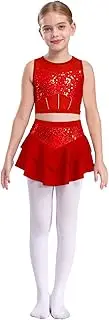 [Aislor] Kids Girls Cheerleading Hip Hop Jazz Dance Performance Outfits Sleeveless Sequin Crop Tops and Tiered Skirt Set