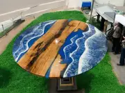 Blue Epoxy Resin Coffee Table Top, Wooden Epoxy Resin Center Table Top Decor