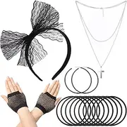 [DAJISI] 80s Accessories for Women, Black 80s Accessories Fishnet Gloves Lace Bow Headband Earrings Necklace Bracelet for 80s Neon Party Dance Recital Dress-up, Black, One Size