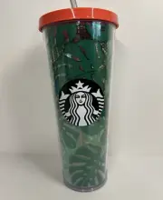 Starbucks Tropical Green Palm Banana Leaf w/Coral Venti 24oz Cold Cup New Straw