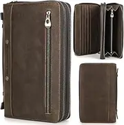 [CataPurus] Top Grain Genuine Leather Clutch Wallet Bag with Hand Strap for Man & Woman, Handmade Minimalist Vintage Design, 2 Zip Pockets & Multi Slots, RFID Large Capacity for Cards/Phone/Check/Banknote, Coffee