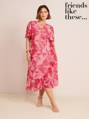 Friends Like These Pink Floral Curve Chiffon Mix Flutter Sleeve Wrap Dress (H58767) | $157