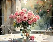 Romantic Flowers Paint by Numbers Kit for Adults - DIY Pink Rose Bouquet in Glass Vase Painting on Canvas 16x20 Inches, Acrylic Paint Set, Suitable for Beginners, Art for Decoration or Gifts