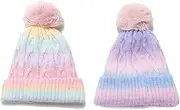 [SMTCM] Women's Knitted Hat Colour Gradient Bobble Hat Knitted Beanie with Pompom Colourful Threaded Winter Hat Plush Lining Fine Knit Hat Rainbow Fur Bobble Hat Warm for Women Autumn and Winter