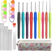 Tanstic 29Pcs Crochet Hooks Set with Ergonomic Handle Crochet Hooks(2-6mm), Large-Eye Blunt Needles, Stitch Markers and Storage Case for Arthritic Hands Beginners