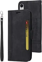 YBFJCE for iPhone XR Wallet Case,PU Leather Folio Kickstand Card Slots Cover for iPhone XR,Book Folding Flip Case with Detachable Wrist Strap,Protective Cover for iPhone XR,Black