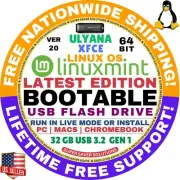 MINT 20 Linux OS Bootable USB Ulyana XFCE 64-Bit Live Boot, Full Install MAC/PC