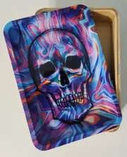 MAGNETIC STORAGE TRAY WOODEN STASH BOX ROLLING TRAY BLUE SKULL TYE DYE BRAND NEW