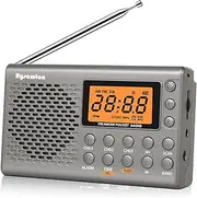 Rysamton Portable AM/FM/Shortwave Radio, Batteries Operated Pocket Radios, Large Digital Display, Clock Radio with Alarm and Sleep Function, Earphone Included (Black) (Grey)
