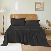THXSILK Luxury Mulberry Silk Bed Sheets Set - 4pcs Silk Sheets Set 16" Deep Pocket - 1 Fitted Sheet, 1 Flat Sheet, 2 Silk Pillowcases with Zipper Closure - Queen, Black