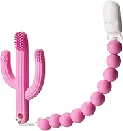Pickle & Olive Baby Cactus Teether Toy- Infant Training Toothbrush, With Soother/Binky/Pacifier/Dummy Chain Holder/Strap (Pink)