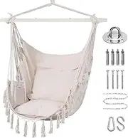 Goutime Hammock Chair,Hanging Rope Ceiling Swing with 2 Cushions, Macrame Boho Hanging Chairs for Indoor,Outdoor,Bedroom,Outside,Garden,Balcony,Yard,Deck,Max 330 Lbs