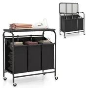 Costway 3-Bag Laundry Sorter Cart Heavy Duty Laundry Hamper w/Foldable Ironing Board Grey