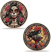 Memento Mori Challenge Coin Rose Women Skull Coin Amor Fati Stoicism Memento Vivere Skull Medallion Souvenir Token Mexican Day of The Dead Inspirational Coins Souvenir