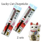 Chopsticks 2 Set of Lucky Cat Maneki-Neko Wakasa-nuri Natural Wood Made in Japan