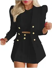 [XUNRYAN] Women's Casual Business Suits Formal Blazer Jackets Puff Sleeve Coat with Mini Skirts Two Piece Outfits