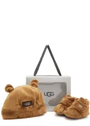 Ugg Kids Bixbee Slippers And Hat Set (IT16), Slippers, Faux Fur - Brown 2 NEW BORN
