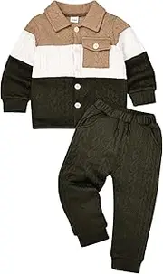 [KAFIREN] Baby Boy Fall Winter Clothes Toddler Boy Outfits Patchwork Button Down Tops Shirt Pocket Pants 2 Piece 12 Months-5T