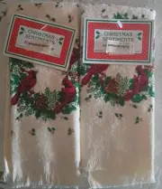 VTG Holiday Christmas Cardinals Fingertip Guest Towels NWT Signed & Dated
