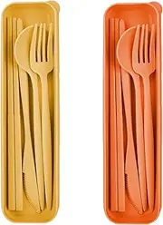 Wheat Straw Cutlery Set - 2 Portable Travel Utensil Sets With Spoon, Fork, Knife and Case - Reusable, Color A