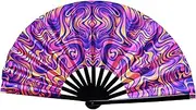Nydotd UV Glow Rave Fan Large Handheld Folding 13 Inch Bamboo Festival Foldable Clack Popping Fan for Line Dancing Men and Women (Ripple)