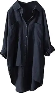 [Generic] Linen Shirt Women UK, Womens Beach Shirts Loose Fit Roll-Up Sleeve Button Up Casual Business Office Work Shirts Tops Plus Size Going Out Tunic Tops Summer Clothes for Women