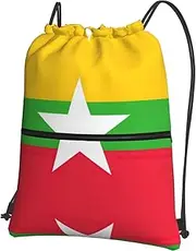 EdWal Flag Of Myanmar Print Drawstring Backpack Gym Bags Sports Bags With Zipper Pocket For Travel Swimming Beach, Black, One Size