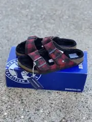 Birkenstock Arizona Shearling Slide Plaid Size 38 Narrow Red Black Sandal