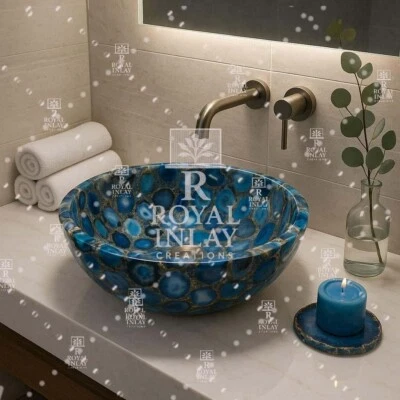 Blue Agate Stone Sink | Round 21" x 21" Gemstone Wash Basin for Luxury Bathrooms