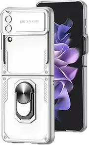 [JOJOBE] Camera Shield Phone case for Samsung Galaxy Z Flip 4 5G Case with Stand, Hard PC Camera Cover for Samsung Galaxy Z Flip4 Kickstand Case with Ring Holder Sliver
