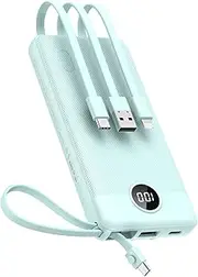 VEEKTOMX Power Bank 10000mAh, Portable Charger with Built-in Cables, USB C External Battery Pack with 5 Outputs and LED Display for iPhone/iPad/Samsung Galaxy and More (Blue)