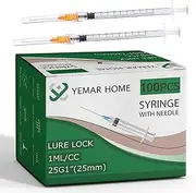 Yemar Home 1mL Plastic Syringe with 25 Gauge Needle 1in, Luer Lock Syringe and Needl for Scientific Labs, Industrial 100pcs
