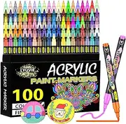 Lyuvie Acrylic Pens for Stones, Waterproof, 100 Colours, Acrylic Markers for Wood, Rock Painting, Glass, Pebbles, Stone, Metal, Ceramic, Permanent Marker, Acrylic Pens, Waterproof, 0.7 mm, Extra Fine Tip