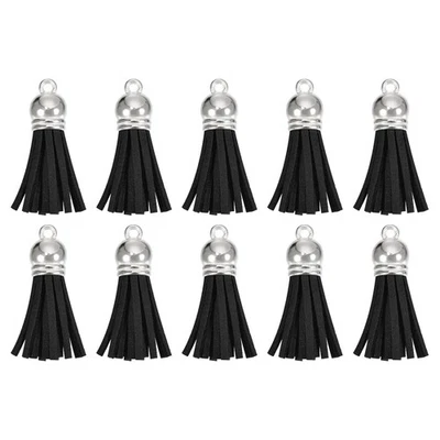 20Pcs 1.5" Leather Tassels Keychain Charm with Silver Cap for DIY, Black