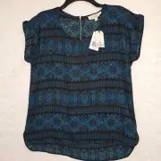Pink Republic Women's Semi-Sheer Blouse Black/Teal Size Large Top Short Sleeve