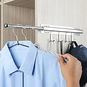 BaiNong 12 inch Valet Rod for Closets Pull Out Closet Valet Rod Slide Out With 4 Hooks Silver Pull Out Clothes Hanger Closet Organization and Storage