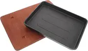 MAGICLULU 1 Set Non Stick Grill Pan Compact Double Ear Steak Griddle with Wooden Base for Home and Restaurant Use Cast Serving Plate for Even Heat Distribution and Long Lasting Performance