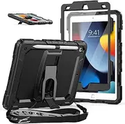 SEYMAC stock Case for iPad 9th/8th/7th Generation 10.2 Inch 2021/2020/2019 with Screen Protector, Pencil Holder, Portable Shoulder Strap, Foldable Stand, Drop-Proof Function, Black