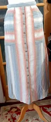 RD + koko Striped Midi Skirt Pastel Cotton Pockets Button Front Pull On XS NWT