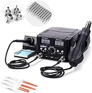 Horusdy 2in1 Soldering Station Solder Iron Rework Hot Air Blower Digital SMD Display + 11 Tips, 4 Nozzles & Tweezer Set