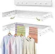 Vellaluna Wall Mounted Drying Rack with 6 Knob Hooks, Foldable Collapsible Wall Mount Laundry Drying Rack Indoor, Retractable Drying Rack Clothing, Space Saving Towel Drying Rack (White, 100cm)