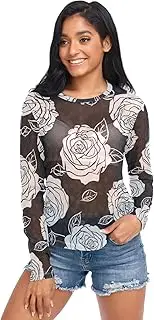 [RPLIFE] White Roses Black Mesh Sleeves for Women, Sheer Tops for Women Sexy S-XXL