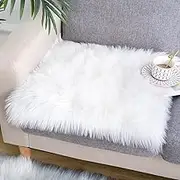 Noahas Faux Fur Sheepskin Silky Seat Cushion Home Decor Long Wool Area Rugs Carpet Soft Fluffy Plush Pads Universal Fit for Home Office Restaurant Chair, 1.6ft x 1.6ft, White, 1 Pack