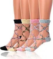 [Miaband] Floral See Through Socks Thin Lace Sheer Socks Cool Mesh Ankle Socks Tulle Colorful Socks for Women 4 Pairs, Gray Pink Yellow Black, One Size