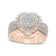 0.63 CT. T.W. Composite Natural Diamond Sunburst Heart Frame Multi-Row Bridal Engagement Ring Set in Sterling Silver with Solid 14K Rose Gold Plate
