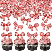 Cyodoos 40pcs Edible Red Bowknot Cupcake Toppers Wafer Paper Bowknot Cake Dessert Picks Baby Shower Princess Cupcake Toppers for Birthday Party Decoration Supplies