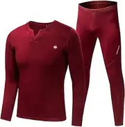 [WETKOL] Sports Thermal Underwear for Men, Fall and Winter Thickened Base Layer Bottom Fleece Lined V-neck Solid Color Tight Thermal Suit, for Gym Training Long Sleeve Top and Long John