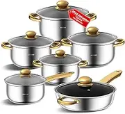 Stainless Steel Saucepan Set and Pans Set, 12-Piece Kitchen Cookware Set, Non-Toxic Cooking Set with Stay Cool Handles, Dishwasher Safe, Pot Set, Suitable for All Hobs (Gold A)